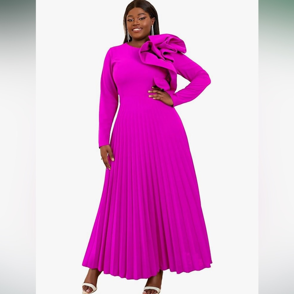 AOMEI women’s long sleeve asymmetrical ruffles pleated A-line Maxi dress Small